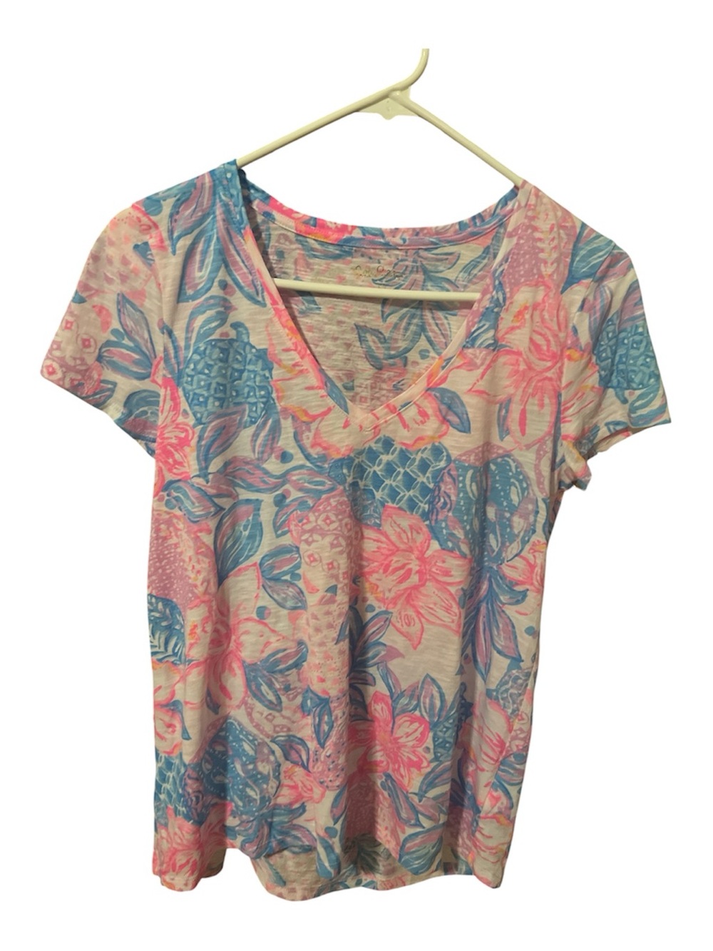 Lilly Pulitzer Pink & Blue Floral Pineapple V-Neck Tee